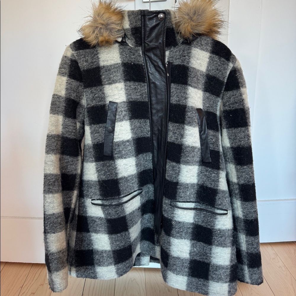 Joie Roni River Plaid Coat with Faux-Fur Hood